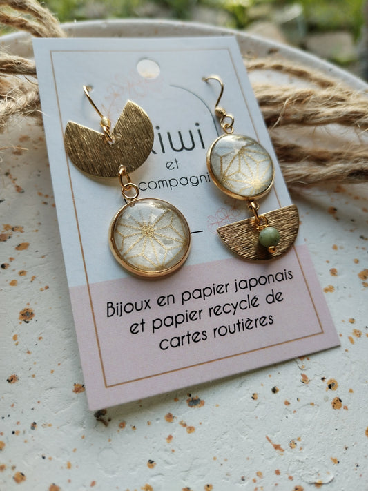 Boucles d'oreilles asymétriques - Cabochons 16mm - Acier inoxydable doré - Papier japonais graphique crème et doré