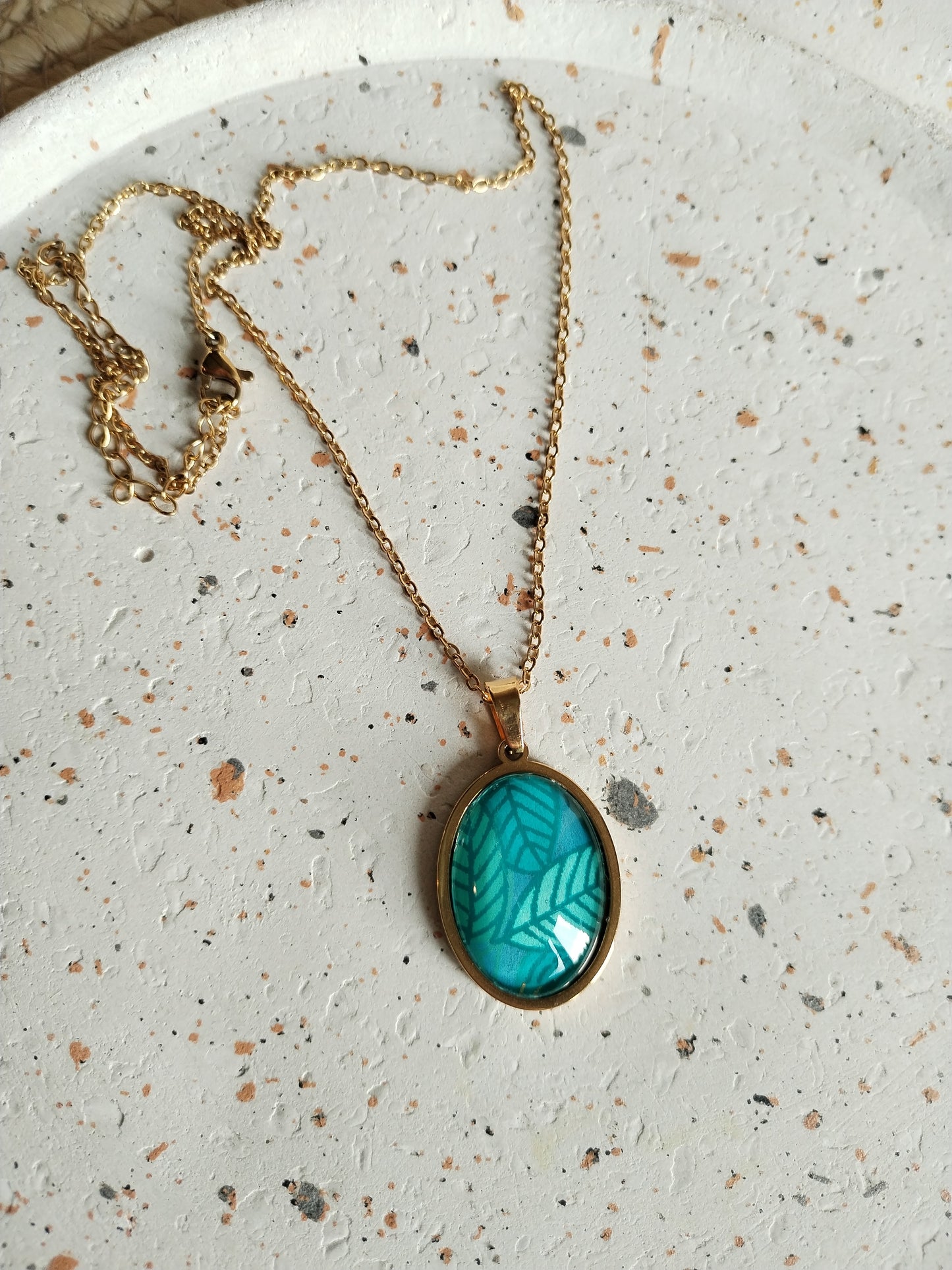 Collier acier doré papier  turquoise