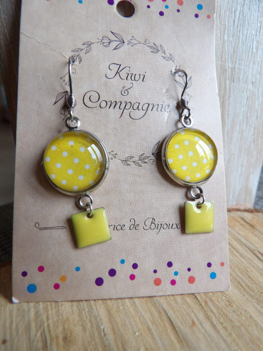 Boucles d'oreilles cabochons 14mm - Métal argenté - pois et sequin jaune