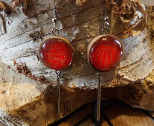 Boucles d'oreilles support bois 20mm avec tube métal - rouge, pois dorés