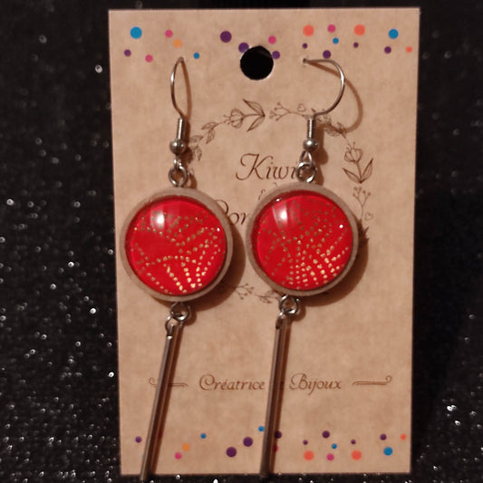 Boucles d'oreilles support bois 20mm avec tube métal - Papier chiyogami pois dorés, fond rouge