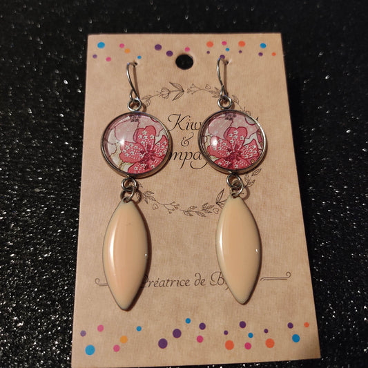 Boucles d'oreilles cabochons ronds 16mm - Acier inoxydable - fleurs roses - sequin crème