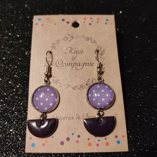 Boucles d'oreilles cabochons 14mm - Acier inoxydable - pois blanc fond mauve - sequin demi-cercle mauve