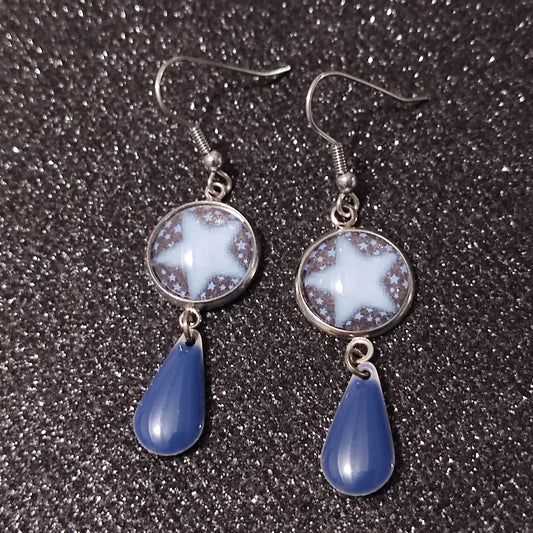 Boucles d'oreilles cabochons 14mm - Acier inoxydable  - Papier star bleue, breloque goutte bleue