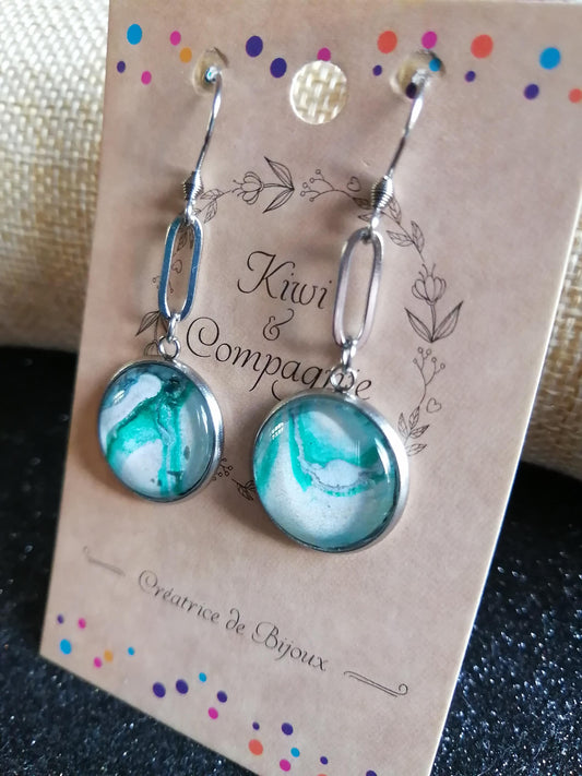 Boucles d'oreilles cabochons ronds 16mm - Acier inoxydable - Papier marbré vert, doré et blanc