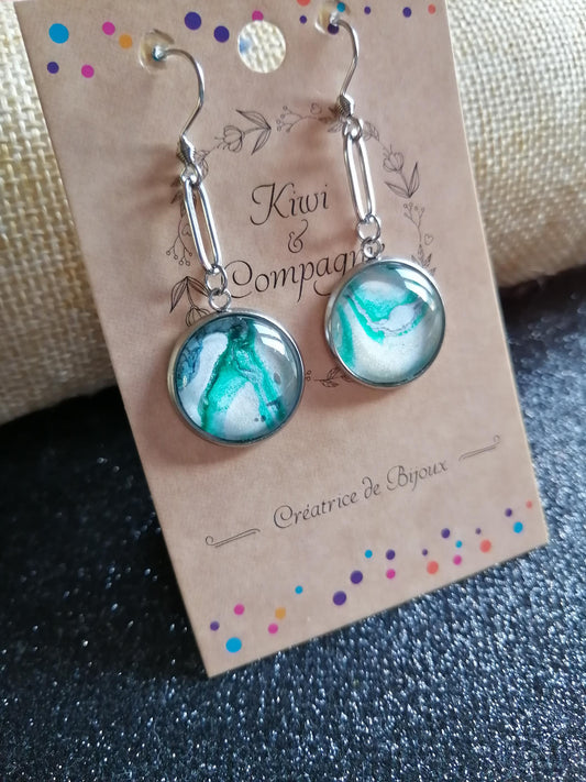 Boucles d'oreilles cabochons ronds 16mm - Acier inoxydable - Papier marbré vert, doré et blanc