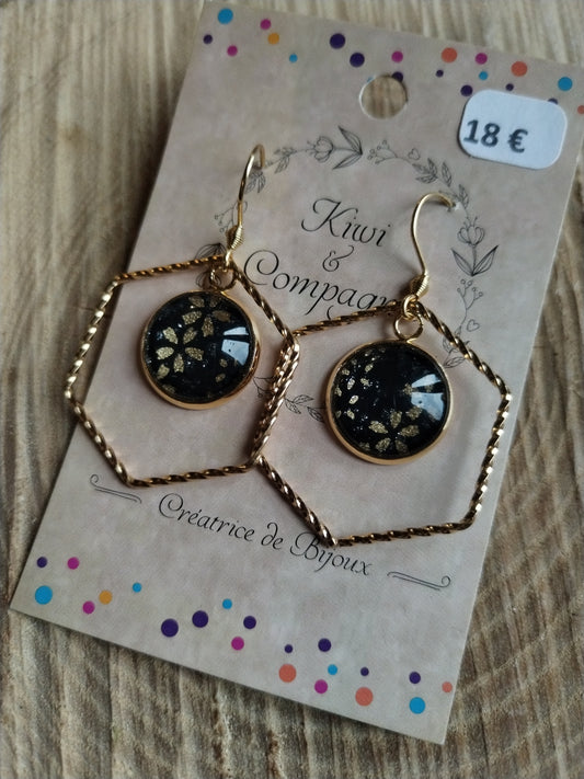 Boucles d'oreilles cabochons ronds 14mm - Acier inoxydable doré - Forme hexagone-  Papier japonais floral doré et fond noir