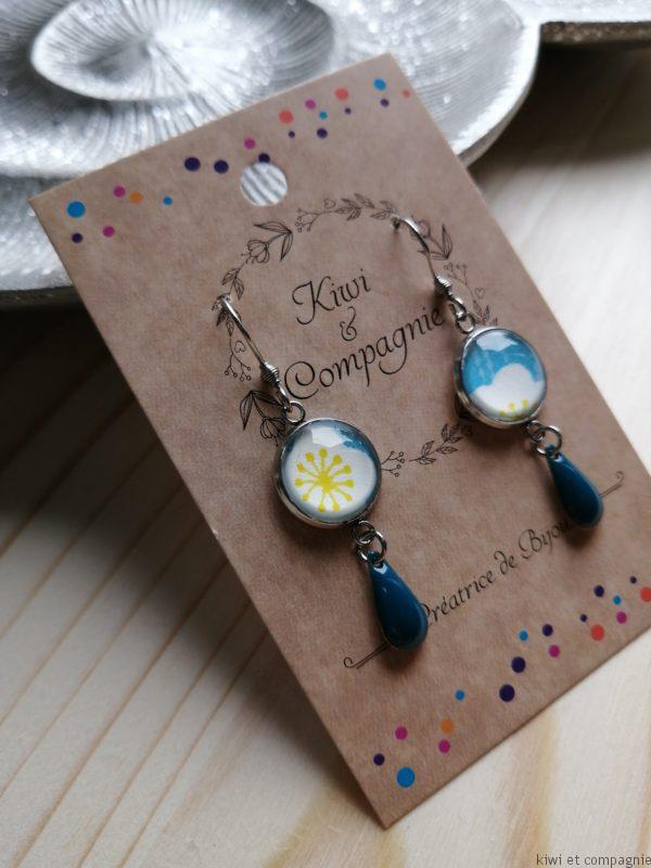 Boucles d'oreilles cabochons 14mm - Acier inoxydable  - Papier japonais bleu et jaune, breloque goutte bleue