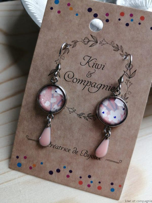 Boucles d'oreilles cabochons 14mm - Acier inoxydable - papier japonais rose et breloque goutte rose