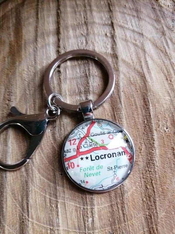 Porte-clefs cabochon 25mm - Recyclage carte routière - Locronan (29 - Finistère - Bzh)